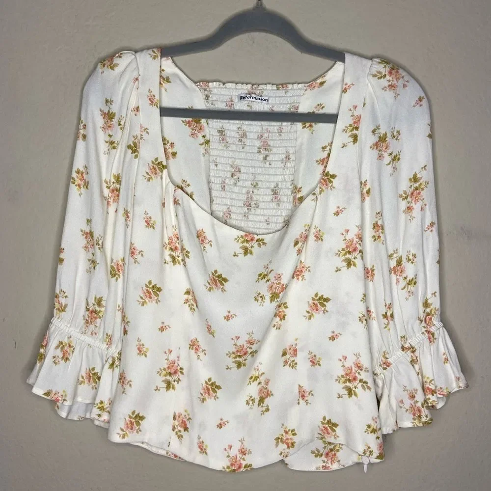 Reformation Georgia Cream Top Blouse Floral Size 10